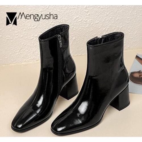 Women Patent leather riding boots square toe zip shiny chelsea botas solid mid-calf shoes femme chunky high heels winter booties