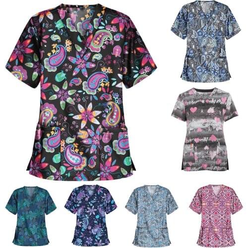 Women Top Short Sleeve V-neck Tops Working Uniform Cashew Flowers Print Blouse Overalls Nurse Accessories медицинская одежда q5