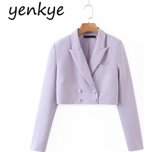 Fall Women Cropped Blazer Vintage Solid Color Long Sleeve Notched Collar Double Breasted Elegant Office Jacket Fashion Suits