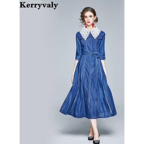 French Elegant Cable Lock Blue Midi Denim Dress Vestidos Invierno 2020 Mujer Autumn Shirt High-Waisted Long Jeans Dress K3189