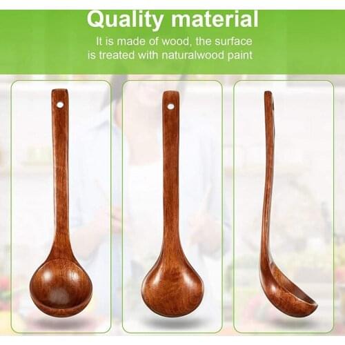 2 Pieces Wooden Ladle Soup Spoon Long Handle Ladle Cookware for Cooking Kitchen Home Restaurant