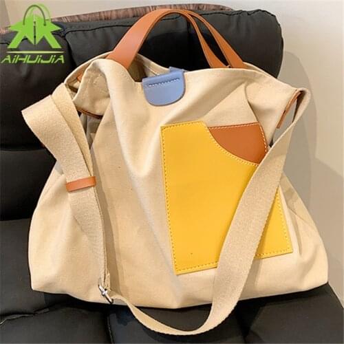 2021 New High Capacity Water Proof Women Hand Bags Fashion Casual Color Contrast Shoulder Bags Simplicity All-match Canvas Bags