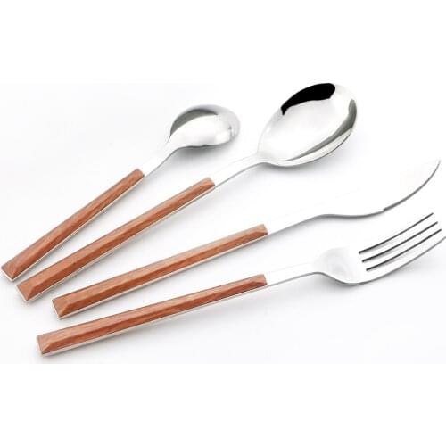 4Pcs Wooden Handle Dinnerware Cutlery Set Stainless Steel Tableware Knive Fork Tea Spoon Silverware Kitchen Party Flatware Set
