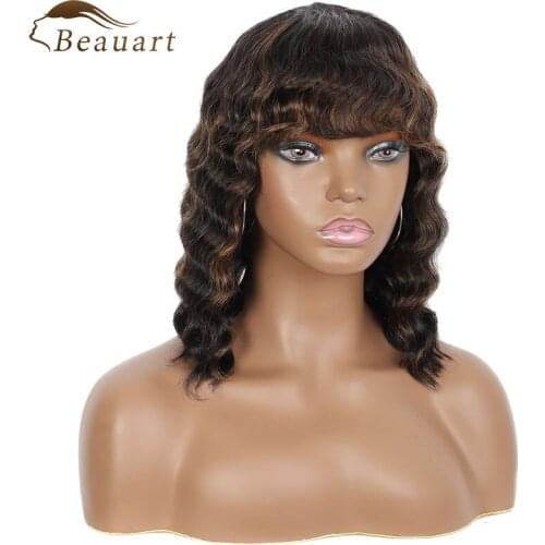 Beauart Short Wavy Curly Wigs Body Wave 100% Human Hair Full Wig With Hair Bangs 13" For Women Ombre Brown None Lace Front Wig