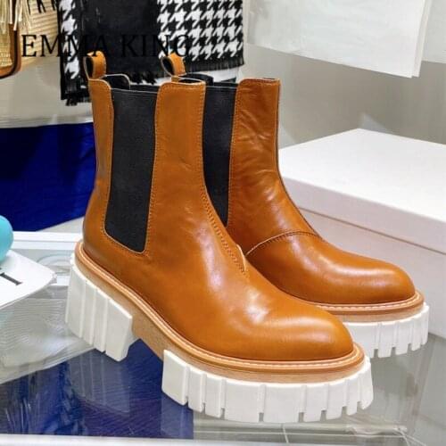 2021 Women Platform Chelsea Boots Genuine Leather Thick Bottom Ankle Boots Fashion Autumn Winter Designer Slip On Knight Boots