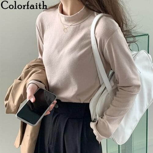 Colorfaith New 2021 Women Spring Autumn T-shirt Solid Bottoming Basic Turtleneck Fashionable Korean Style Wild Lady Tops T3857