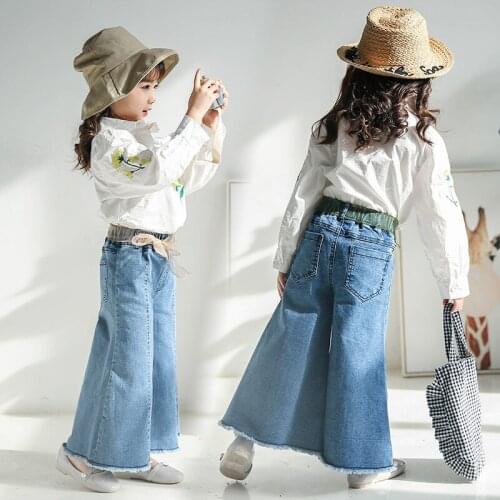 Girls Jeans Kids Denim Blue Pants 100 Cotton Ribbon Drawstring Jeans Style Wide Leg Pants