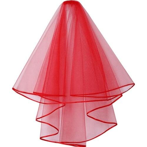 White Ivory Red Black Pink Wedding Veils With Comb Ribbon Edge Bridal Veils 2 Layer Bride Accessories Voile Mariage Welon Slubny