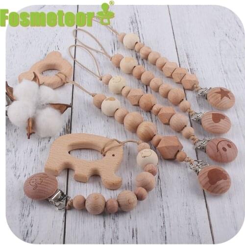Fosmeteor Custom Baby Personalized Name Pacifier Clip Animal Image Beech Wood Clip Pacifier Chain Chewing Baby Teether Toy