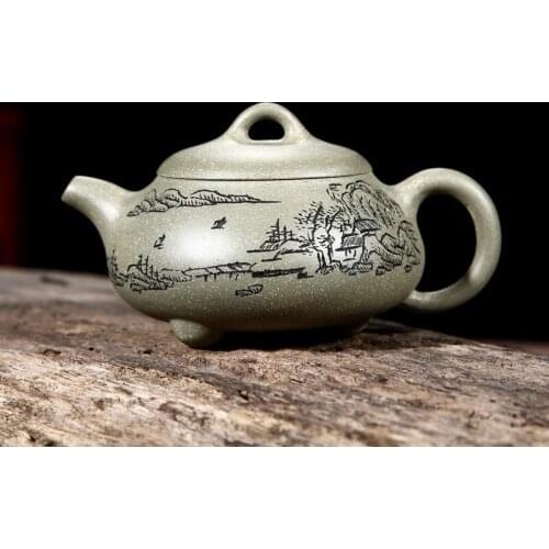 Yixing are recommended by the manual authentic teapot tea pea green mud stone gourd ladle pot with three legs