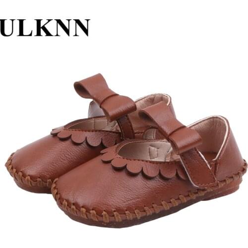 ULKNN Girls Leather Shoes Kids Butterfly Knot Brown Flower Casual Pink Flats Children 2021 Baby Black Infant shoe size 21-30