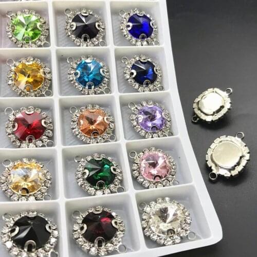 TopStone 8mm 12mm Sew On Round D Claw Crystal rhinestones Rivoli Pendants Connectors 2Loops Mix Colors