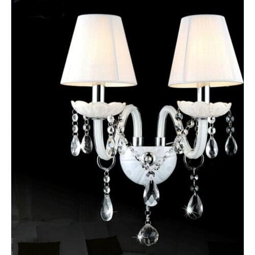 2 Shade Fashion White Wall Lamps Bedside Led Crystal Wall Lights Luxury Fabric Cover Lampshade E14 LED indoor Lighting Aisle