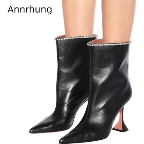 Fashion Boots Women Pointy Toe Goblet High Heel Party Black Real Leather Jeweled Rhinestone Runway Botas Mujer