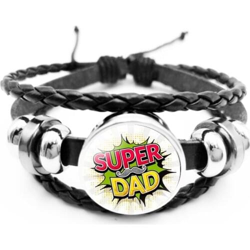 Fashion Super Papa Glass Cabochon Snap Button Black Leather Braided Bracelet Father Jewelry Gift Bracelet