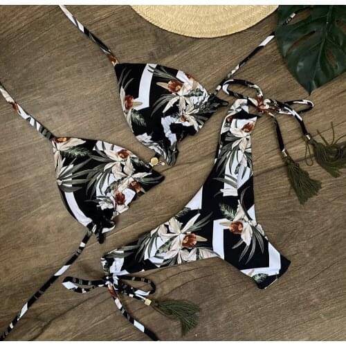 2021 New Womens Swimwear Sexy V Neck Bikini Set Beachwear Ring Bikini Two Piece Set Summer Swimsuit Fashion Plant Print