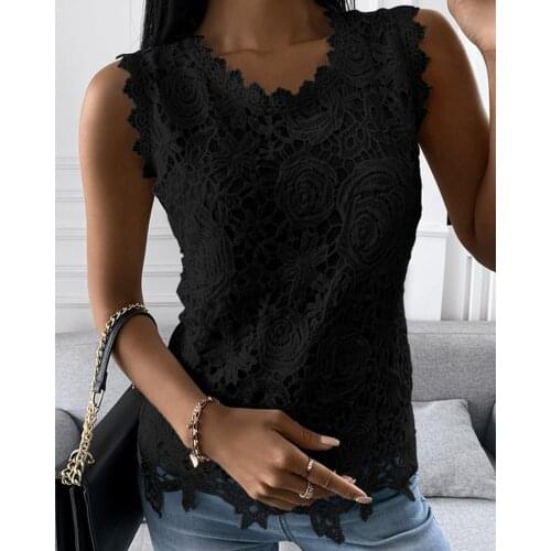 2021 New Fashion Casual Sleeveless Lace Top Summer Solid Color Round Neck Vest Shirt Loose Top All Neon Store Clothes