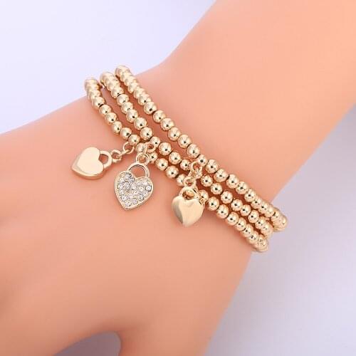 New 3Pcs Small Heart Rhinestone Charm Bracelets Women Girl Lover Gift High Elastic Beads Multi Charm Bracelet Jewelry