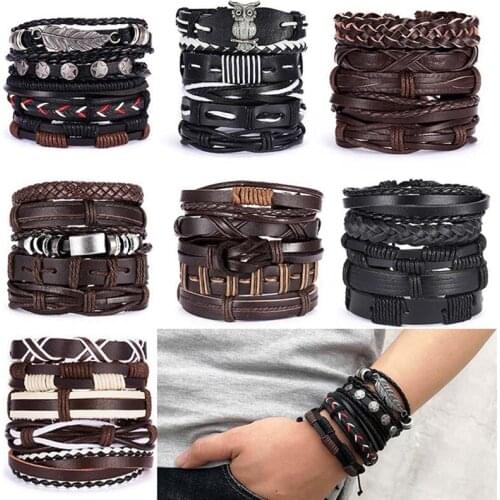 New Style Latest Popular 5 Laps Leather Bracelet For Men Charm Vintage Black Bracelet