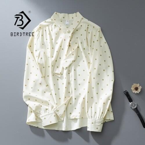 Autumn New Women Vintage Dot Stand Collar Chiffon Blouse Elegant Lantern Sleeve Button Up Shirts Loose Casual Basic Tops Female