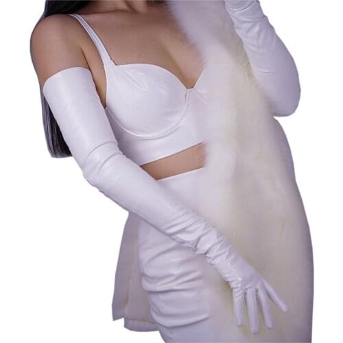 Patent Leather Extra Long Gloves 70cm Long Emulation Leather Elastic PU Mirror Bright Leather Bright White Gloves Female WPU08