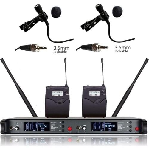 Lavalier Wireless Dual Microphone Diversity UHF 200 Channels Stage Theater Headwonr Lapel Microphone System