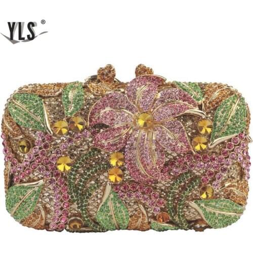 Luxury Crystal Women Clutch 3D Flower Party Evening Bags Purse Ladies Pink Silver Gold Diamond Handbag For Wedding 12 Color