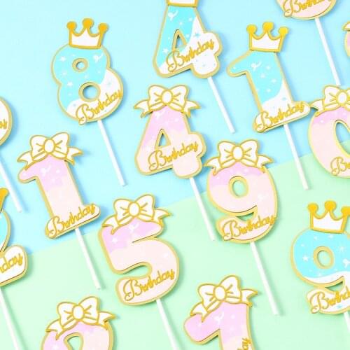 Pink/Blue Crown Butterfly Number 0-9 Birthday Cake Toppers Baby Shower Party Cake Dessert Insert Decoration for Kid Adult Girls