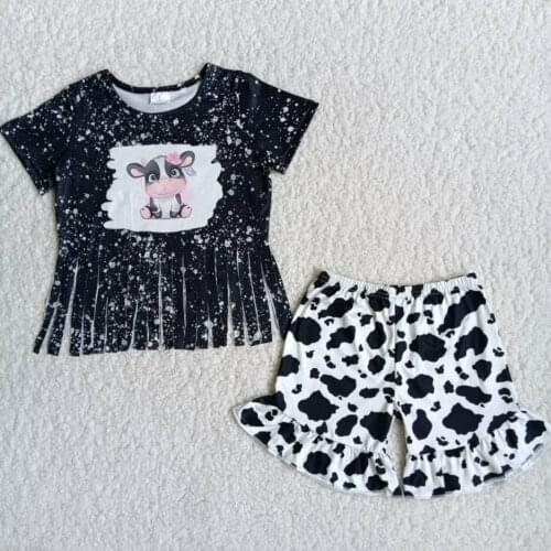 RTS Baby girls short sleeve tee shirt tassel bleached design top ruffle cow print shorts wholesale children boutique outfits set