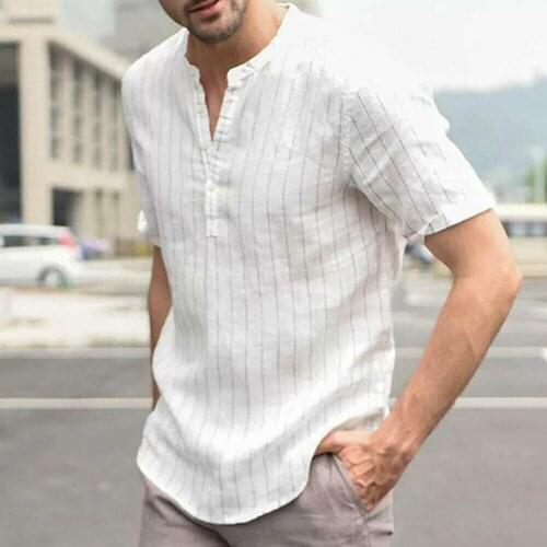 Mens Linen Short Sleeve Shirt Summer Cool Loose Casual V-Neck Shirts Tops M-2XL