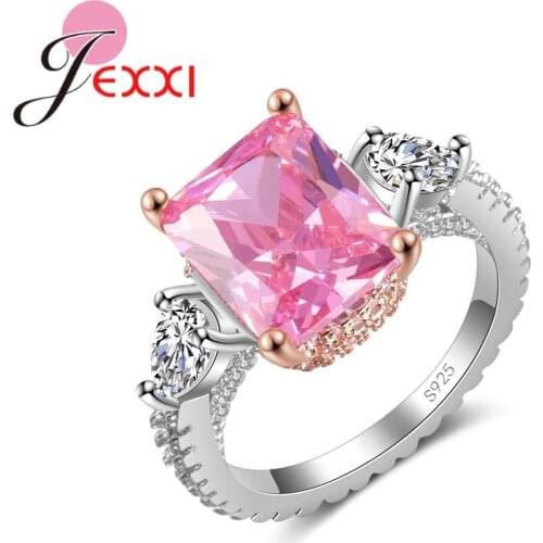 925 Sterling Silver Birthday Christmas Gift European American Fashion Square Pink Crystal Zircon Ring Jewelry