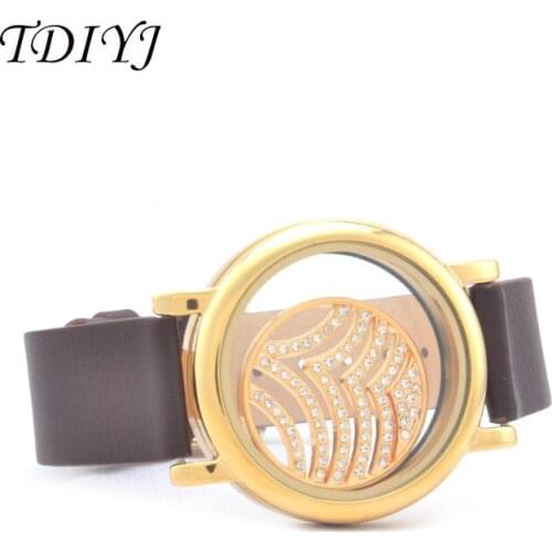 TDIYJ Magnetic Plain Locket Warp Bracelets with 20cm Brown PU Watchband and 25mm Wave Crystal Coin Disc for Women Jewelry 1Set
