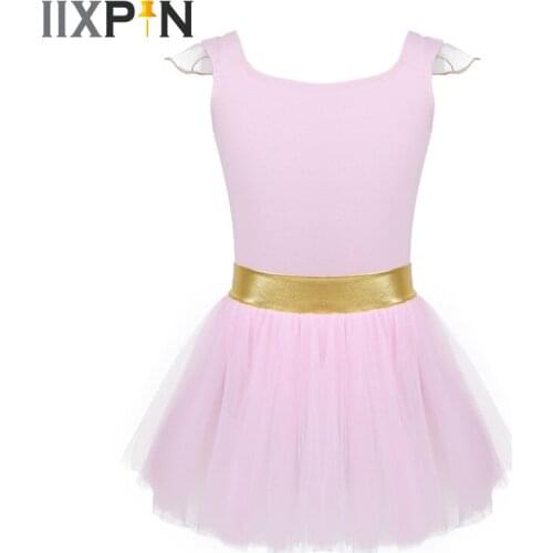 IIXPIN Kids Girls Tank Skirt Leotards Ballet Tutu Dress Little Mesh Flying Sleeves Gold Waist Gymnastics Leotard Ballet Dance