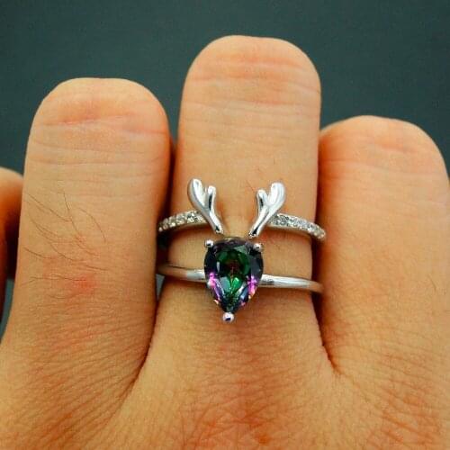 Fine Jewelry 925 Sterling Silver Woman Rings Rainbow Mystic Topaz Stone Rings Elk Deer Lovely Party Ring Band Christmas Gift
