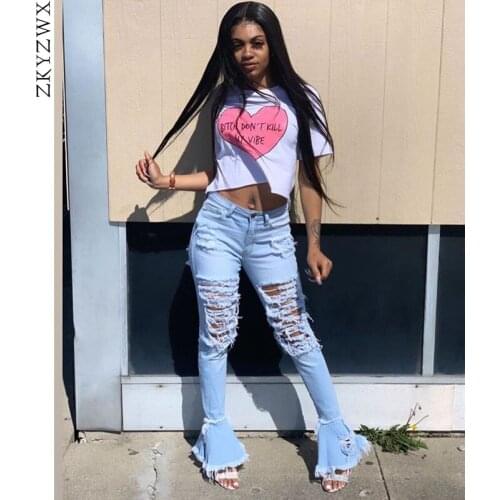 ZKYZWX Hole Ripped Jeans for Women Summer High Waist Bell Bottom Jeans Sexy Skinny Trousers Vintage Stretch Flare Denim Pants