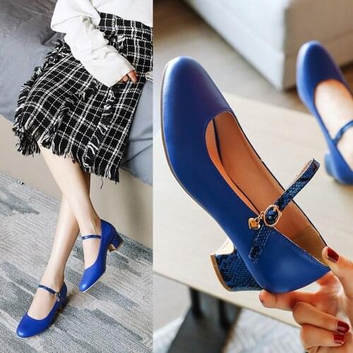 High heels Ladies pumps mujer 2021 spring new Fashion buckle shoes Classica Thick heel woman PU leather shoes femme size 34-43