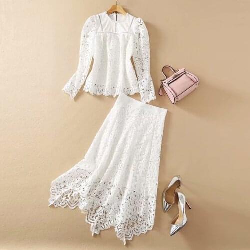 2021 Newest Fashion Spring Designer Suit Set Womens Elegant Long Sleeve White Hollow Out Guipure Lace Tops And Long Skirt Suit