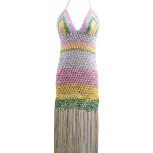 Womens Summer Handmade Crochet Halter V-Neck Bodycon Beach Dress Rainbow Colorful Sheer Mesh Tassels Swimsuit Cover Up