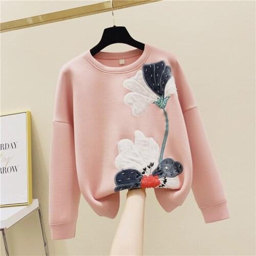 Machine Embroidery Sequined Beaded Round Neck Pullover Hoody Womens 2020 Autumn New Loose Hoodies Girls Student Sweatshirt Top