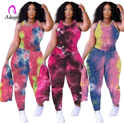 Tracksuit Women 2 Piece Set Fitness Tie Dye Sleeveless Top + Skinny Leggings Matching Set 2021 Summer Sporty Workout Jogger Set