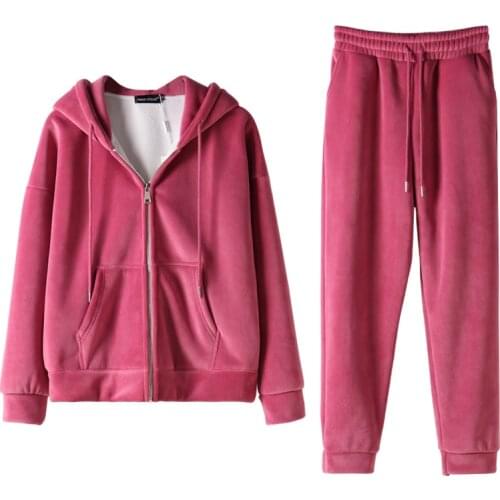 Women Sportsuits 2 Piece Set Thick Fleece Casual Hooded Tops & Pants Solid Korean Loose Tracksuit Female Fall Winter 2 PC Suits