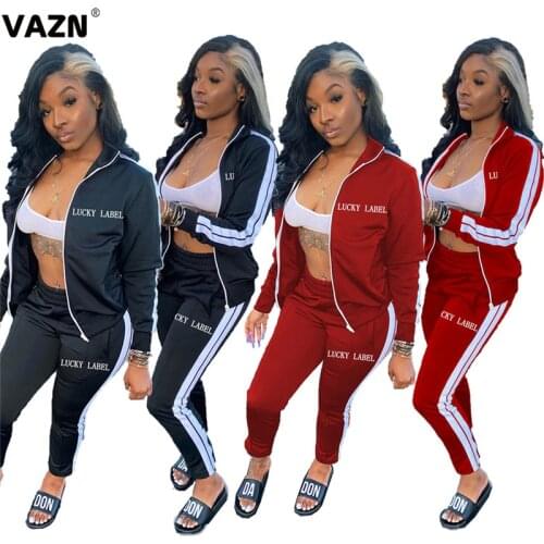 VAZN Red Black Gym Sport Lady 2020 V-neck Full Sleeve Full Pant Solid Shinny 2 Piece Set Tracksuit Casual Female Street Sets