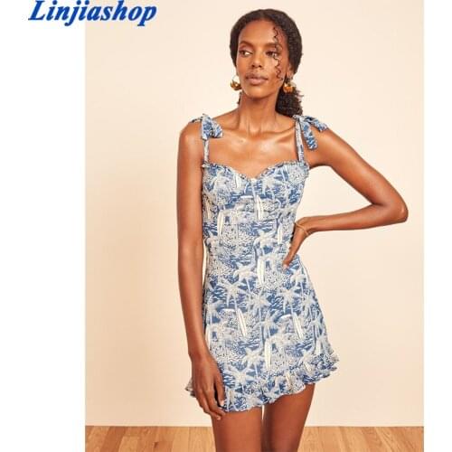 Chic ruffles mini dress fashion vestidos adjustable straps back zipper lining blue floral print women dresses