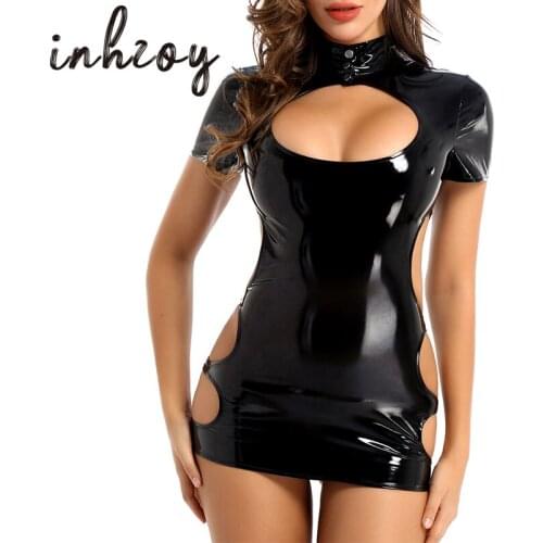 PVC Leather Bodycon Dress Women Wetlook Short Sleeve Bare Breast Sexy Mini Dress Zipper Pole Dance Party Clubwear Latex Costume