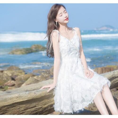 2021 Summer New Womens Casual Harajuku Elegant Aesthetic Halter Holiday Beach Small White Fairy Seaside Suspender Dress