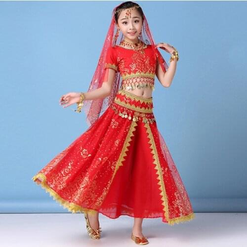 2019 Sari Dance Wear Children Belly Dance Bollywood Costume Set Girls Indian Flowers Outfit 5pcs (Top Belt Skirt Veil Headpiece)