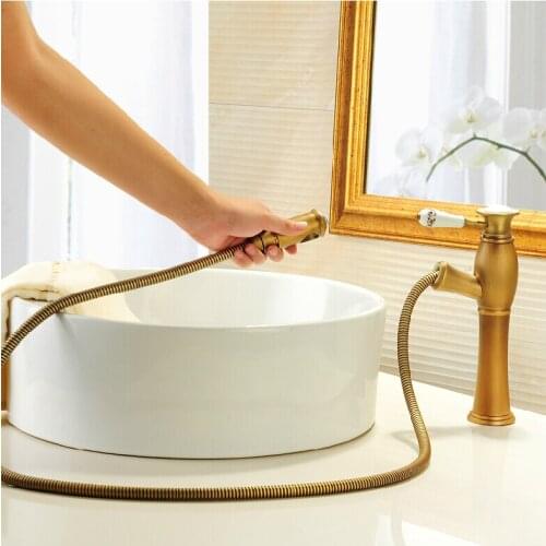 Antique brass High bathroom pull out faucet basin mixer pull out tap sink faucet water tap deck mounted basin mixer