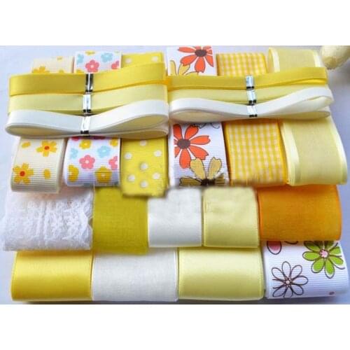 Free Shipping 23 Meters Yellow Printed Grosgrain Ribbons,Mixed Organza Satin Grosgrain Ribbon Set, kids accessories,DIY Tape