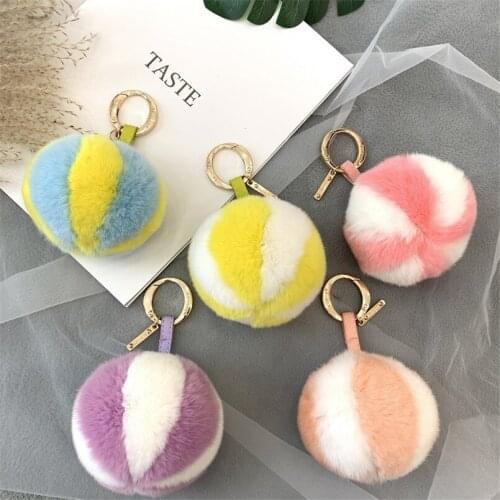 Colorful Ball Real Rex Rabbit Fur Pompoms Keychain Bulk Fluffy Key Chain Car KeyRing Pendent