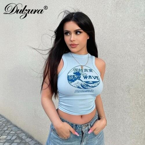 Dulzura Ribbed Knitted Chinese Alphabet Print Women Crop Top Tanks Bodycon Sexy Streetwear Casual 2021 Summer Cute Fashion